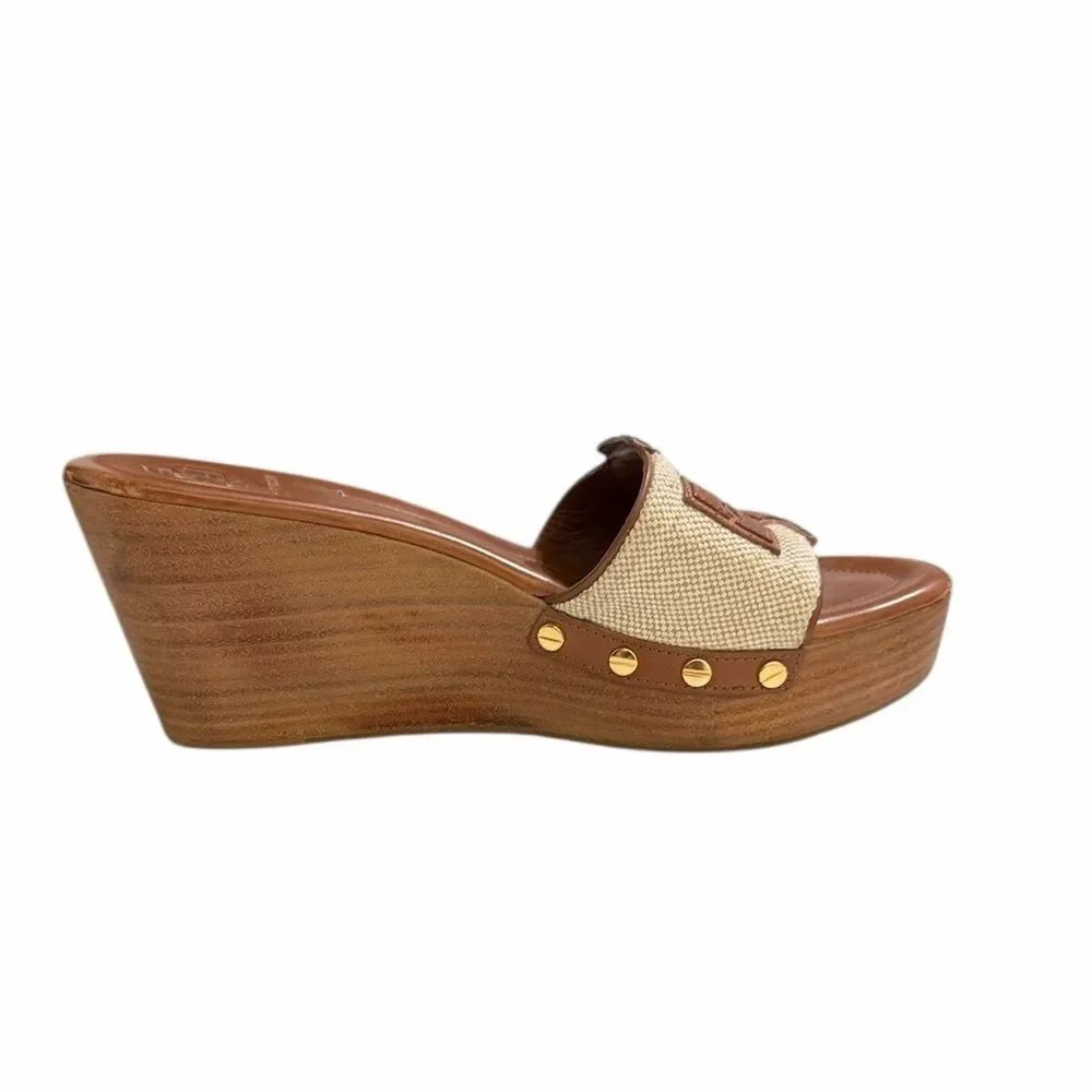 Tory Burch Brown and Tan Wedge Slide Sandals Size 7.5